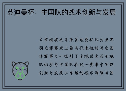 苏迪曼杯：中国队的战术创新与发展