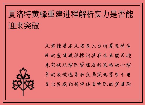 夏洛特黄蜂重建进程解析实力是否能迎来突破
